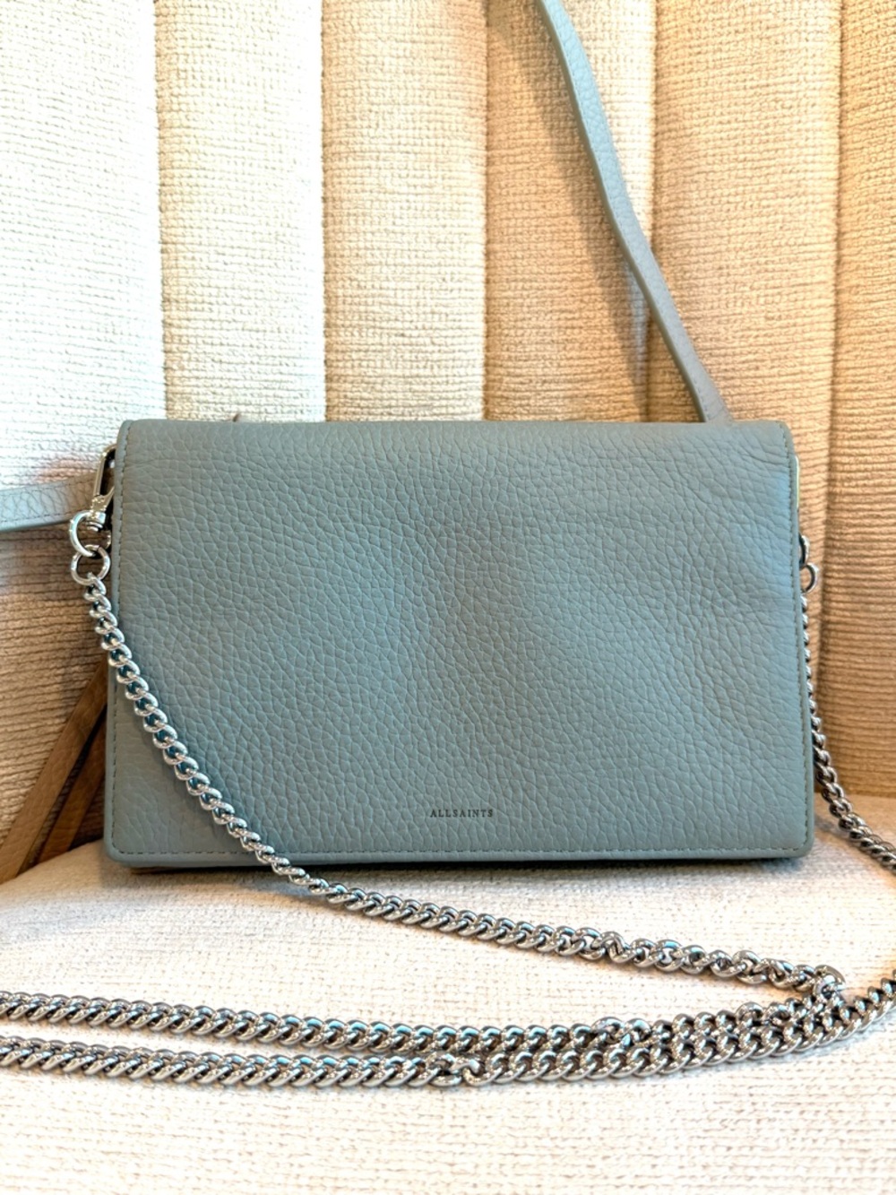 AllSaints Sage Green Pebbled Leather “Fetch” Crossbody Bag with Chain Strap